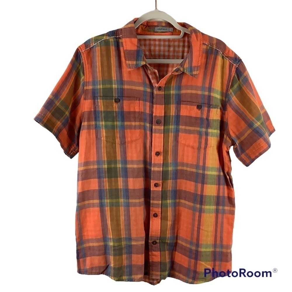 Gramicci Organic Cotton Orange Plaid Short Sleeve Button Shirt